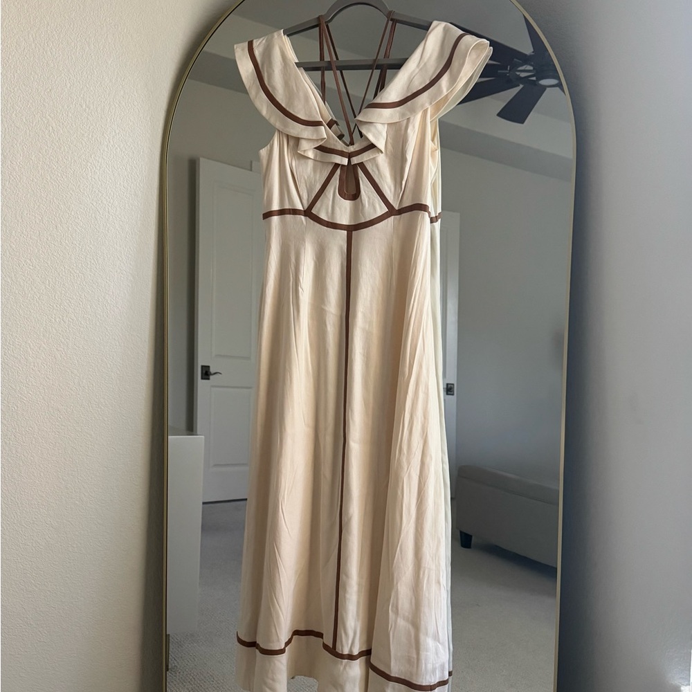 ANTONIO MELANI x MG Kurry dress Cream Midi Dress with Brown Trim - Picture 3 of 4